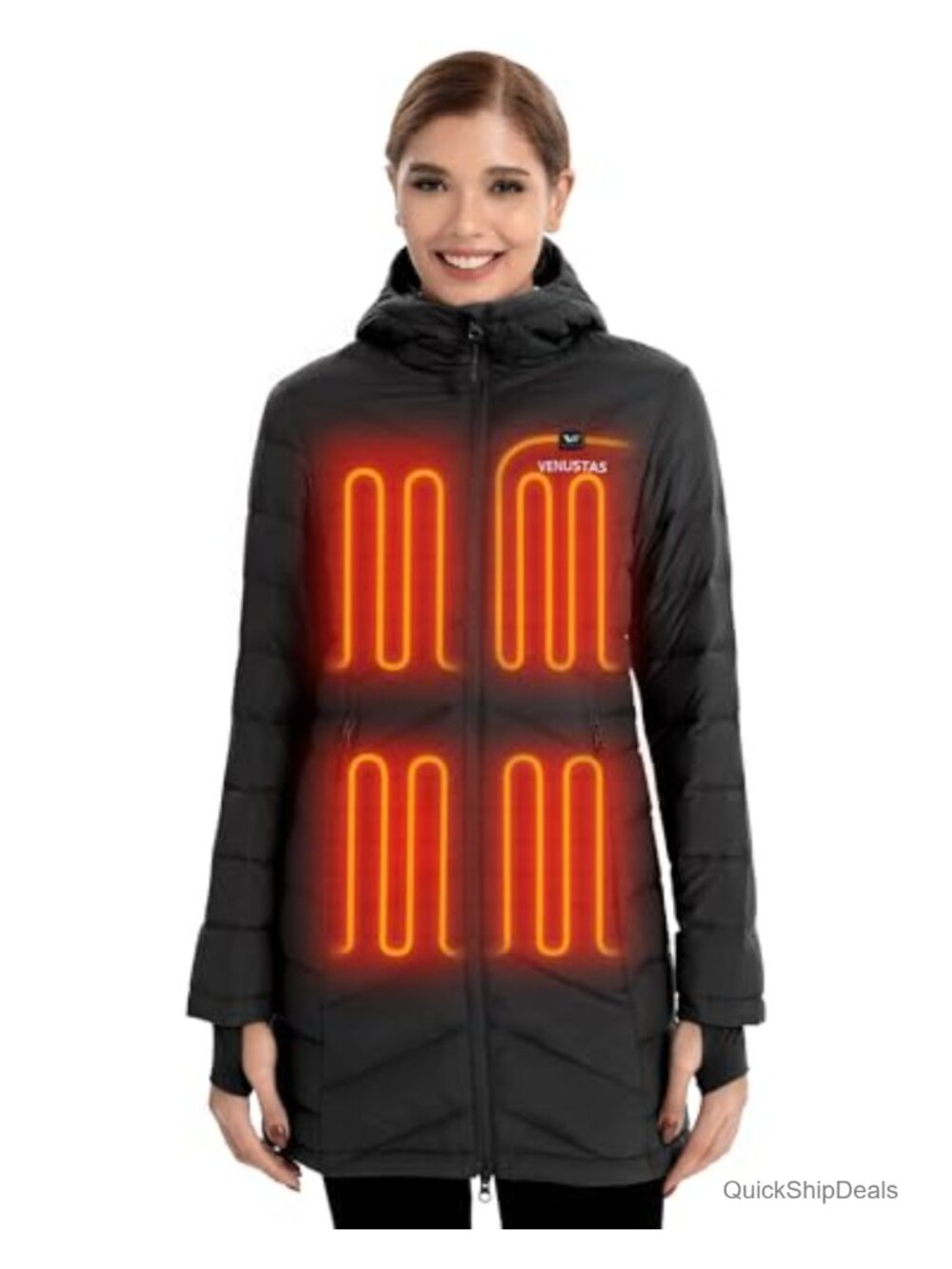 Women's Long Heated Down Jacket Puffer Coat with Battery, 5 Heating Zones,